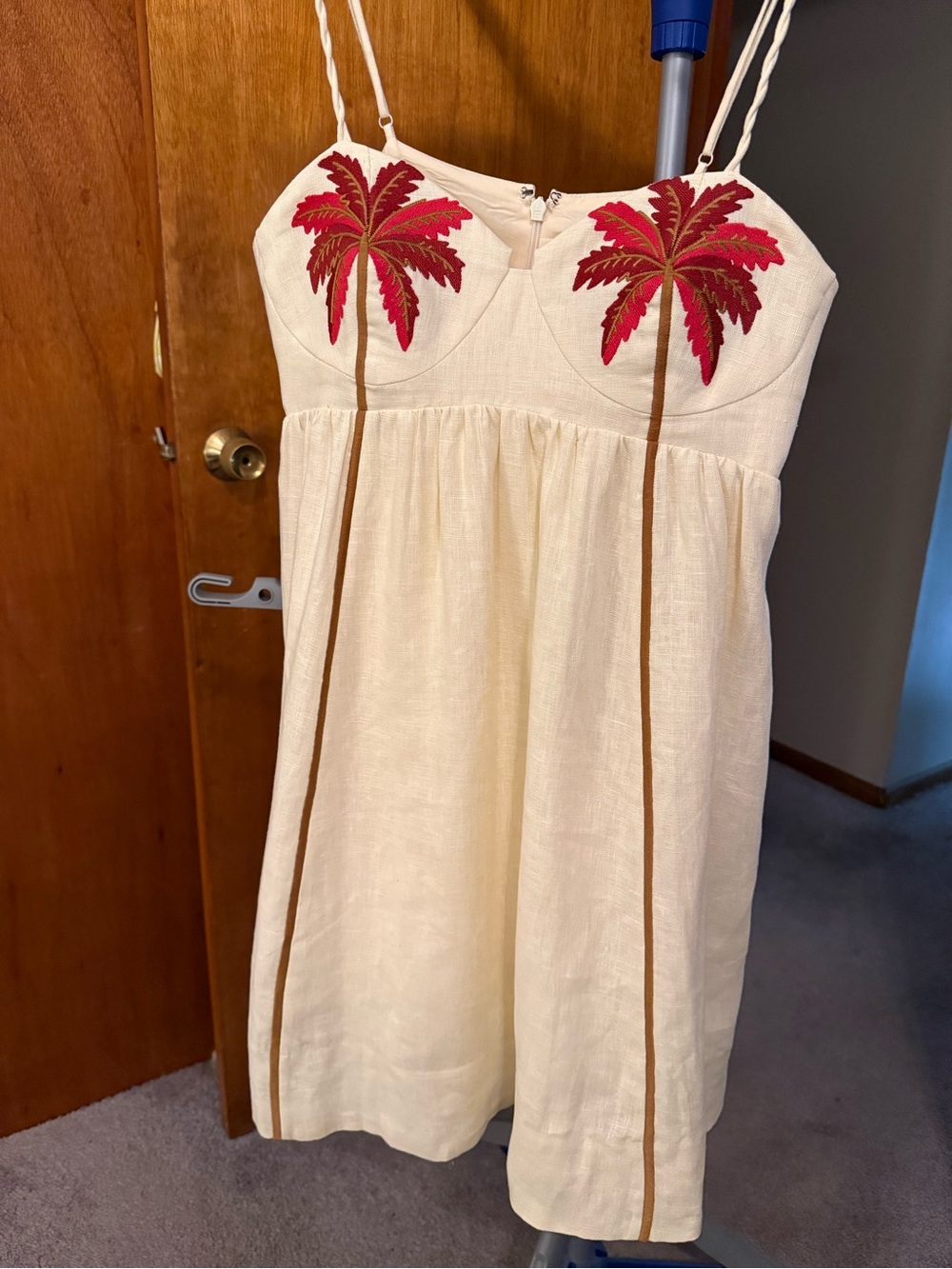 FARM Rio Cream Spaghetti-Strap Dress with Pink Palm Embroidery - Picture 2 of 7